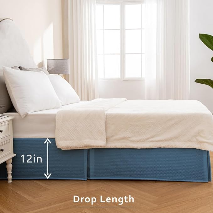 MIYE Pleated Waffle Weave Bed Skirt, Tailored Dust Ruffle 12 Inch Drop Easy Fit, Machine Washable (Blue, King - 12" Drop)