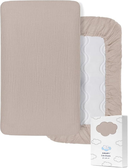 Khaki Neutral Crib Sheets for Baby Girl, Muslin Cotton Crib Sheets for Standard Crib Mattress, 28" x 52" Toddler Bed Sheet (46C-08)