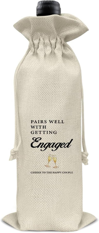 HOIJAUMAI Engagement Gift for New Couples, Engagement Wine Bag Wedding Gift for Mr and Mrs, Pairs Well with Getting Engaged Burlap Drawstring Wine Bag Champagne Wine Gift Bag