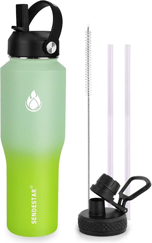 SENDESTAR Water Bottle 32oz,2 Lids(Straw lid),Wide Mouth Stainless Steel Vacuum Insulated Double Wall Keep Liquids Cold or Hot All Day,Sweat Proof Sport Design,Fit Car Cup Holder(Neon)