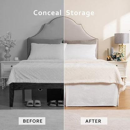 MIYE Pleated Waffle Weave Bed Skirt, Tailored Dust Ruffle 16 Inch Drop Easy Fit, Machine Washable (White, Queen - 16" Drop)