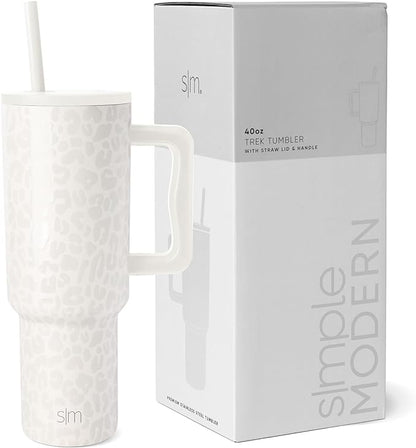 Simple Modern 40 oz Tumbler with Handle and Straw Lid | Insulated Cup Reusable Stainless Steel Water Bottle Travel Mug Cupholder Friendly | Gifts for Women Him Her | Trek Collection | Cream Leopard