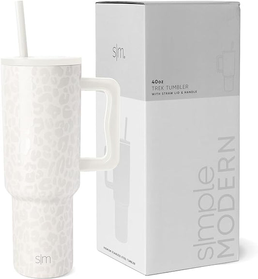 Simple Modern 40 oz Tumbler with Handle and Straw Lid | Insulated Cup Reusable Stainless Steel Water Bottle Travel Mug Cupholder Friendly | Gifts for Women Him Her | Trek Collection | Cream Leopard
