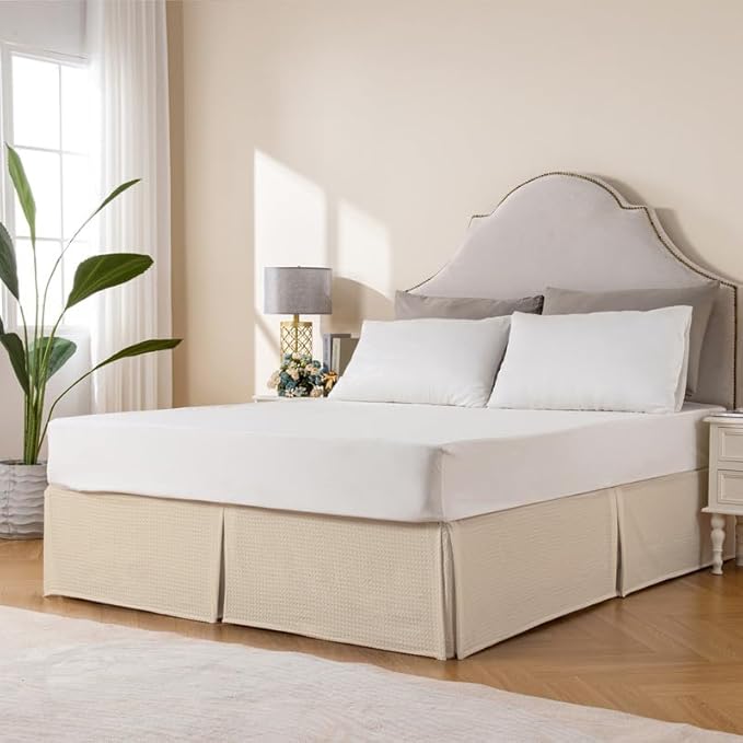 MIYE Pleated Waffle Weave Bed Skirt, Tailored Dust Ruffle 16 Inch Drop Easy Fit, Machine Washable (Cream, Twin - 16" Drop)
