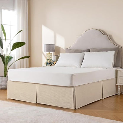MIYE Pleated Waffle Weave Bed Skirt, Tailored Dust Ruffle 16 Inch Drop Easy Fit, Machine Washable (Cream, King - 16" Drop)