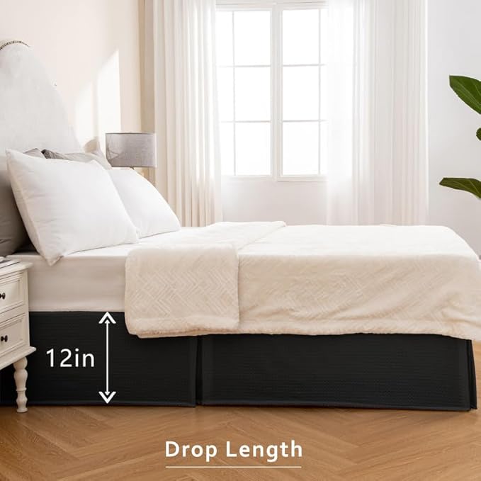 MIYE Pleated Waffle Weave Bed Skirt, Tailored Dust Ruffle 12 Inch Drop Easy Fit, Machine Washable (Black, Twin - 12" Drop)