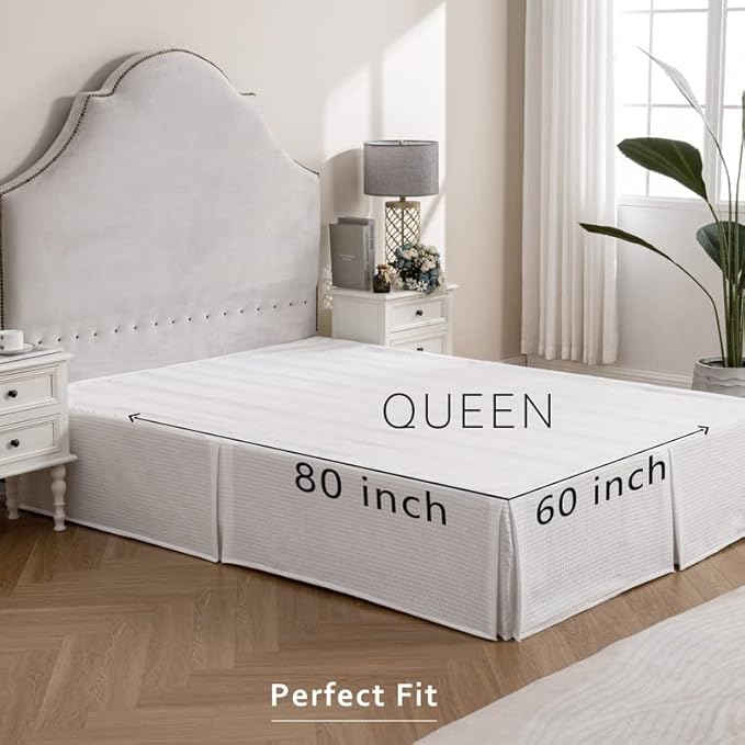 MIYE Pleated Waffle Weave Bed Skirt, Tailored Dust Ruffle 16 Inch Drop Easy Fit, Machine Washable (White, Queen - 16" Drop)