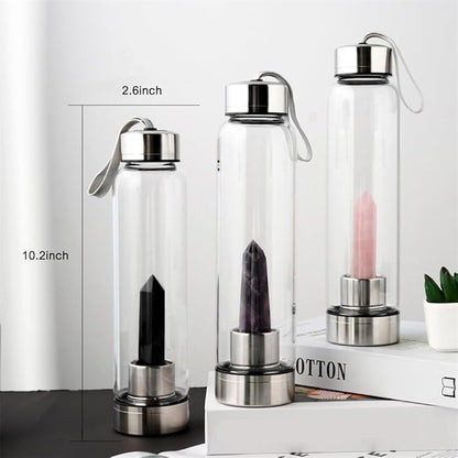 Crystal Glass Water Bottle,Water Bottle With Gemstone Center Crystal Elixir Bottle,Removable Gemstones Water Cup Crystal Column Magic Wand Energy Cup for Gifts (F-Elongated Stone)
