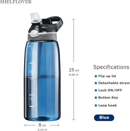 SHELFLOVER Blue Water Bottle With Narrow Straw, BPA FREE Clear Bottles With Handle One Hand Use Easy Carried, Flip Up, Suit School, Office, Gym, Office For Men, 32oz (1000ml)