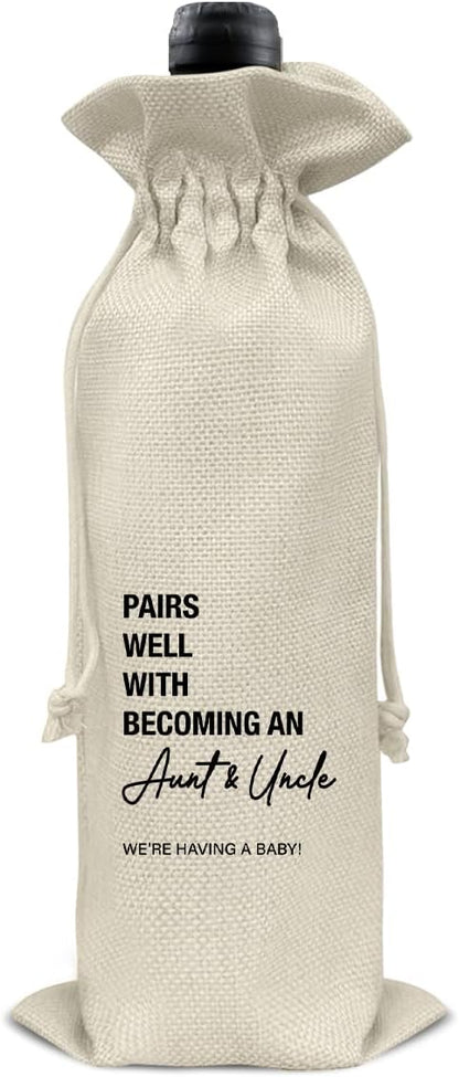 Pregnancy Announcement Wine Bag, Baby Announcements Gifts for New Aunt Uncle, Pairs Well With Becoming Aunt & Uncle Wine Gift Bag