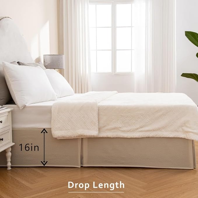 MIYE Pleated Waffle Weave Bed Skirt, Tailored Dust Ruffle 16 Inch Drop Easy Fit, Machine Washable (Cream, King - 16" Drop)