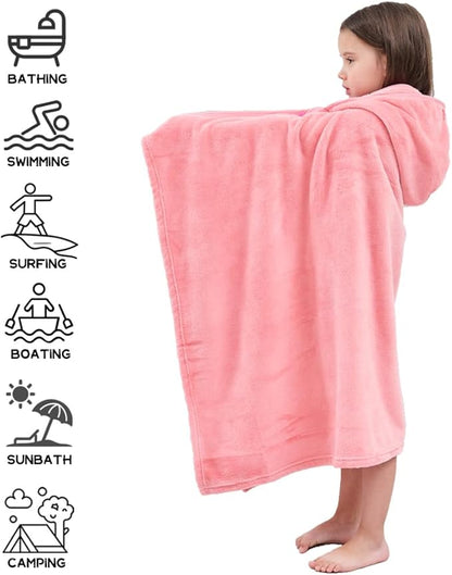 Hiturbo 2Pcs Kids Fleece Hooded Towel: Soft Plush Warm Blanket - 50"x30" Pool Beach Bath Swim Towel Wrap for 3-12 Yrs (Pink)