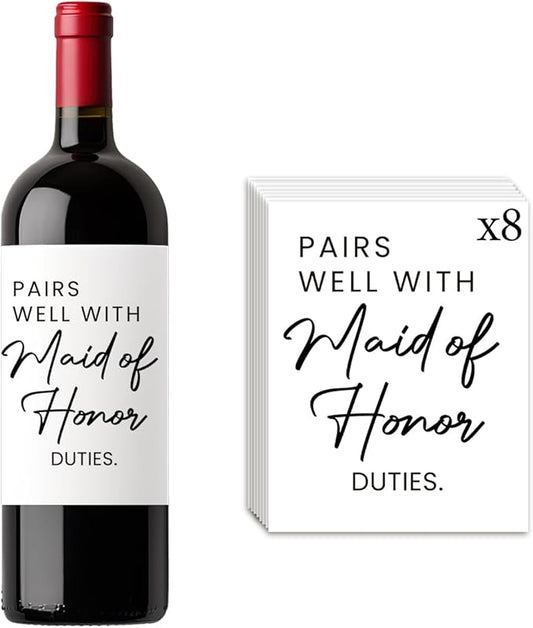 8 Pcs Maid of Honor Wine Labels, Bridesmaid Proposal Gifts, Wedding Engagement Gift for Maid of Honor Bridesmaid Wine Label, Pairs Well with Maid of Honor Duties Wine Bottle Stickers Labels