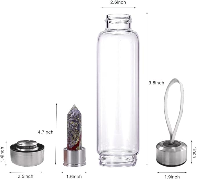 Crystal Glass Water Bottle,Water Bottle With Gemstone Center Crystal Elixir Bottle,Removable Gemstones Water Cup Crystal Column Magic Wand Energy Cup for Gifts (W-Dragonblood Stone)