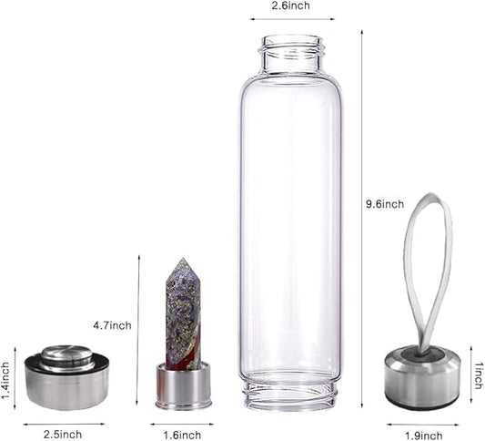 Crystal Glass Water Bottle,Water Bottle With Gemstone Center Crystal Elixir Bottle,Removable Gemstones Water Cup Crystal Column Magic Wand Energy Cup for Gifts (W-Dragonblood Stone)