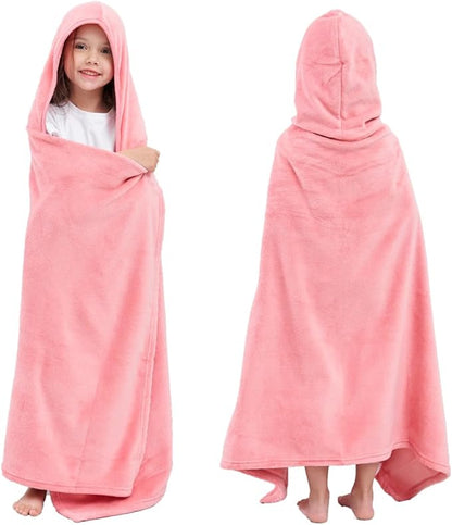 Hiturbo 2Pcs Kids Fleece Hooded Towel: Soft Plush Warm Blanket - 50"x30" Pool Beach Bath Swim Towel Wrap for 3-12 Yrs (Pink)