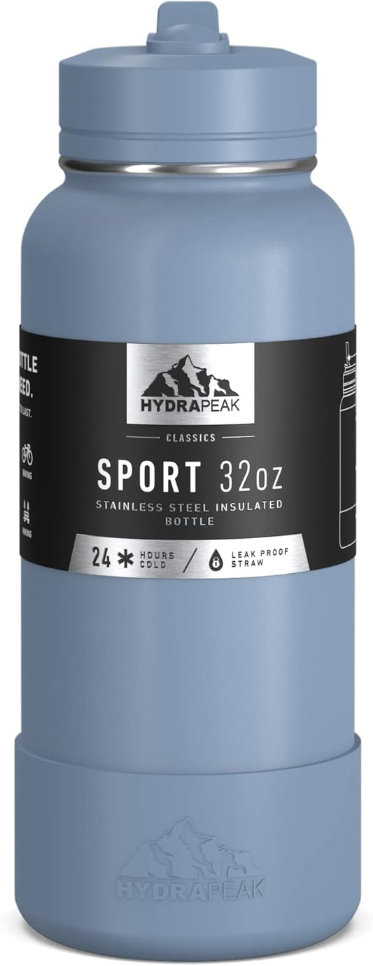 Hydrapeak 32oz Sport Insulated Water Bottle with Straw or Chug Lid, Leak & Spill Proof, Keeps Drinks Cold for 24 Hours, Hot for 12 Hours, Premium Stainless Steel Water Bottles (32oz, Modern Blue)