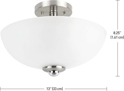 Globe Electric 63357 2-Light Semi-Flush Mount Ceiling Light, Brushed Nickel, Chrome Accents, Frosted Glass Shade, Kitchen, Lights, Bathroom, Home Essentials, Bedroom, Closet Light, Lighting Fixtures