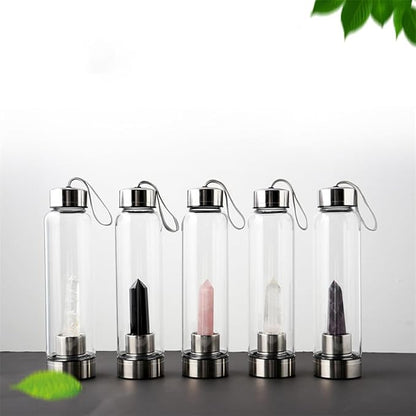 Crystal Glass Water Bottle,Water Bottle With Gemstone Center Crystal Elixir Bottle,Removable Gemstones Water Cup Crystal Column Magic Wand Energy Cup for Gifts (F-Elongated Stone)