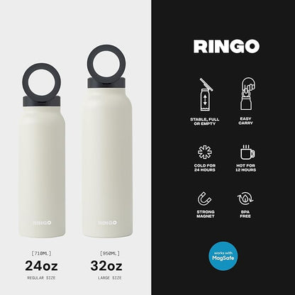 Ringo Insulated Water Bottle - Compatible MagSafe Water Bottle w/Phone Holder -Stainless Steel School Water Bottle w/Magnetic Phone Mount for Kids & Adult - Hot 12H, Cold 24H 360° Rotate -Ivory 32oz