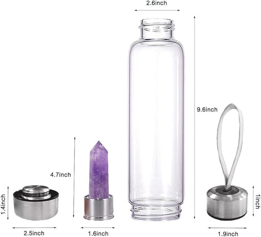 Crystal Glass Water Bottle,Water Bottle With Gemstone Center Crystal Elixir Bottle,Removable Gemstones Creative Water Cup Crystal Column Magic Wand Energy Cup for Gifts (Q-Amethyst)