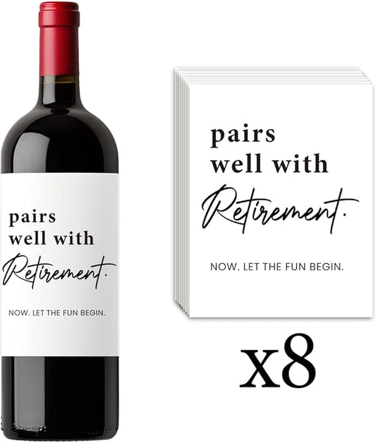 8 Pcs Retirement Wine Labels, Retirement Gifts for Women Men, Happy Retirement Party Decorations Wine Bottle Stickers Gifts for Coworker Grandparents Pairs Well with Retirement Wine Labels