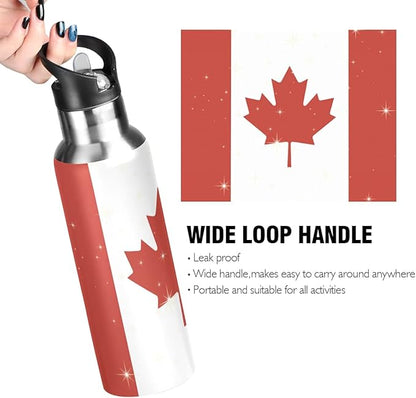 Canadian Flag Sports Water Bottle, Double Wall Vacuum Insulated Stainless Steel Water Bottle with Straw Keeps Hot and Cold, Bike Running Sports Travel Gym 20oz