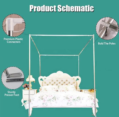 Mengersi Silver Canopy Bed Frame Post Full Size Stainless Steel Four Corner Bed Mosquito Net Frame Bracket Fit for Metal Bed Wood Bed