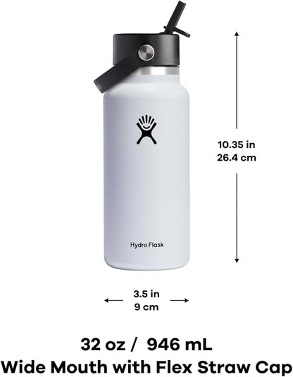 HYDRO FLASK Wide Mouth vacuum insulated stainless steel water bottle with leakproof closeable straw lid for cold water drinks, sports, travel, car and school