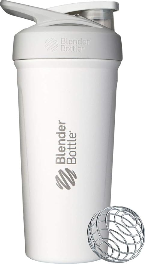 BlenderBottle Strada Shaker Cup Insulated Stainless Steel Water Bottle with Wire Whisk, 24-Ounce, White