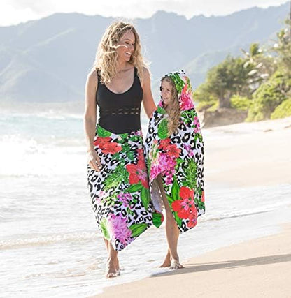 Kids Hooded Beach Towel Swimsuit Cover-up Wrap with Buttons (Red and Pink Floral Leopard, One Size)