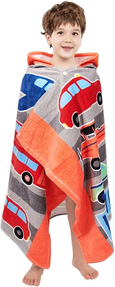 Kids Hooded Bath Beach Towel Girls Boys, Super Absorbent & Soft Towel Poncho for Shower/Beach/Pool Child Cover ups 50"x30" Large Towel Wrap (Car Pattern)