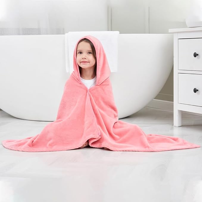 Hiturbo 2Pcs Kids Fleece Hooded Towel: Soft Plush Warm Blanket - 50"x30" Pool Beach Bath Swim Towel Wrap for 3-12 Yrs (Pink)