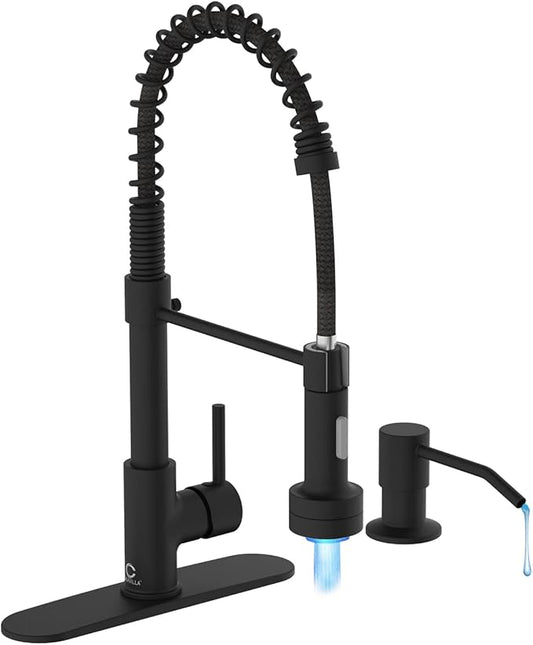 Black Kitchen Faucet with LED light,Kitchen Faucet with Soap Dispenser,Faucet for Kitchen Sink,Single Handle Stainless Steel Kitchen Sink Faucets with Pull Down Sprayer,Camper Farmhouse RV Sink Faucet
