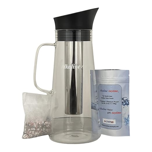 Alkaline Water Filter Pitcher with Infuser, Glass Pitcher with Lid 1.5L | 9.5 pH Alkaline Filters | Tea Pitcher | Borosilicate Glass | Infuser Pitcher (3 Pack (100g Filters))