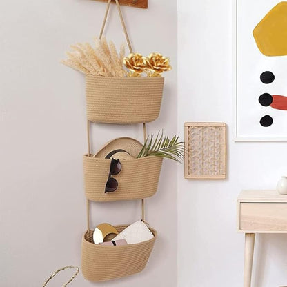 TeoKJ Over the Door Hanging Basket, 3-Tier Woven Cotton Wall-Mounted Storage Organizer with Self Adhesive Dessert Stick Decorative Hanging Nursery Baskets - Jute