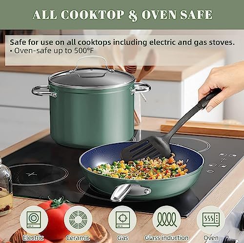 Nuwave 7pc Cookware Set Healthy Duralon Blue Ceramic Nonstick Coated, Diamond Infused Scratch-Resistant, PFAS Free, Oven Safe, Induction Ready & Evenly Heats, Tempered Glass Lids & Stay-Cool Handle