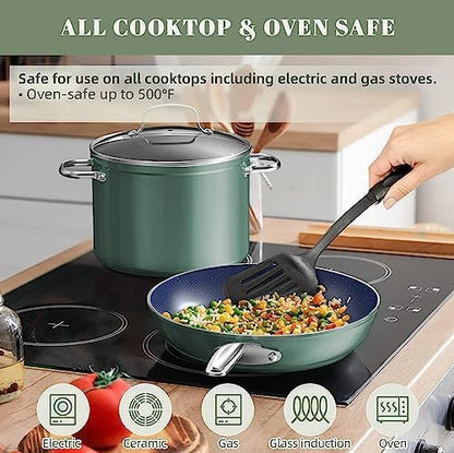 Nuwave 7pc Cookware Set Healthy Duralon Blue Ceramic Nonstick Coated, Diamond Infused Scratch-Resistant, PFAS Free, Oven Safe, Induction Ready & Evenly Heats, Tempered Glass Lids & Stay-Cool Handle