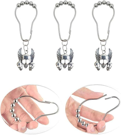Gothic Shower Curtain Hooks Rings - Skull Decorative Shower Curtain Hooks - Rustproof Stainless Steel Shower Hooks with Halloween Gothic Bathroom Decor Set of 12