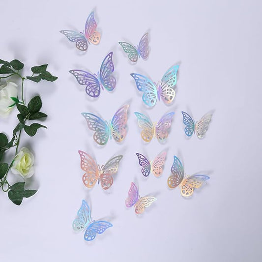3D Butterfly Wall Decor 48 Pcs 4 Styles 4 Colors 3 Sizes,Gold Silver Laser Rose Butterfly Decorations for Butterfly Birthday Decorations Butterfly Party Decorations Cake Decorations,Removable Sticker