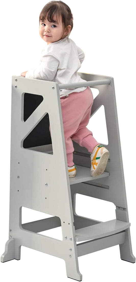 Toddler Step Stool - Toddler Tower with Message Boards & Safty Rail, Adjustable Height Learning Tower for Toddlers 1-3, Chalkboard and Whiteboard, Anti-Slip Protection,Wooden Toddler Counter (Grey)