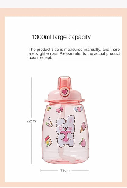 PEXIZUAN Kawaii water bottle big belly cup big water bottle cute travel cup strap straw cup(Handle white,1300ML)