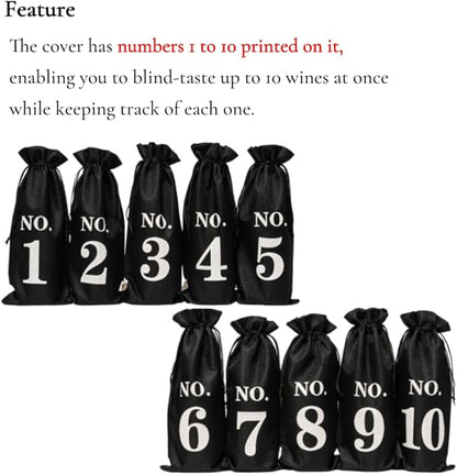 VINOPIE Black Blind Tasting Wine Bags Cover Pouch Kit Tasting Sleeve With Numbering 1to10 Mark Printed On It (10pcs) Hessian Cloth Glass Bottle Gift Bags for Christmas Wedding Party Decoration