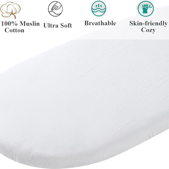 Muslin Bassinet Sheet Compatible with Halo Bassinest Swivel Flex Glide Premiere & Luxe Series Sleeper 2 Pack Cotton Stylish Boho Fitted Bassinet Sheets Super Soft for Baby White & Pink
