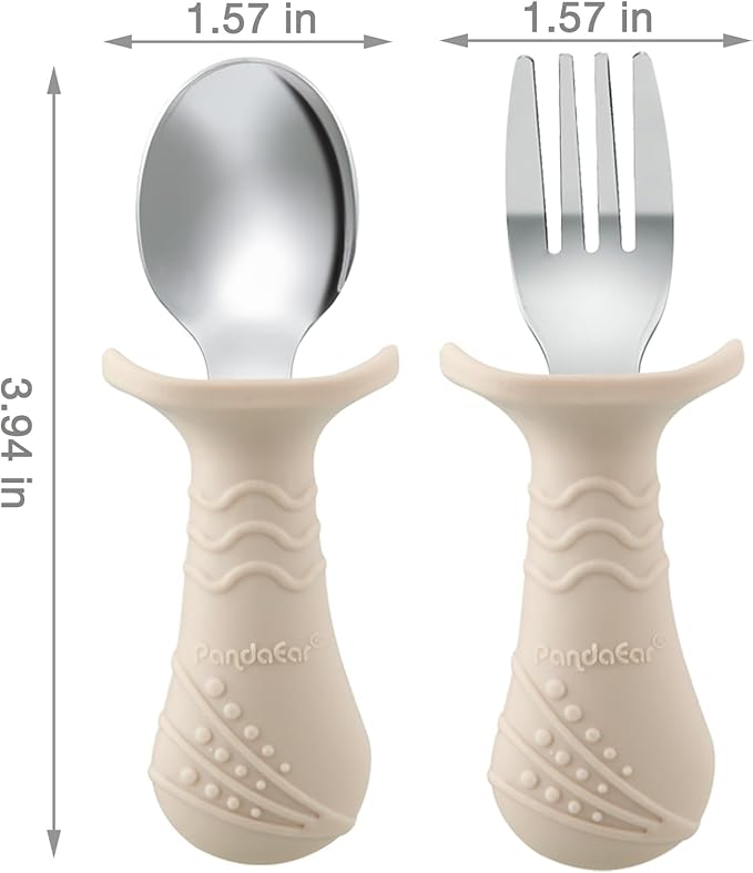 PandaEar Baby Toddler Fork and Spoon Utensil Set, 6 Pack Silicone Stainless Steel Silverware Spoon Fork for Babies Toddler, BPA Free with Silicone Holding Anti-Choke Design (Blue&Green&Light Tan)