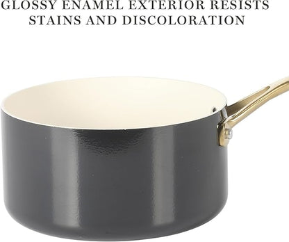 Martha Stewart Galway Premium Nonstick PFA Free Ceramic Interior 10 Piece Heavy Gauge Enamel Aluminum Pots and Pans Cookware Set W/Aluminum Lids - Black W/Gold Handle