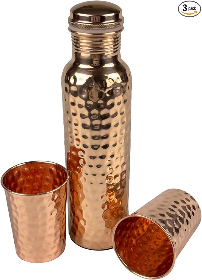 Pure Copper Water Bottle for Drinking with 2 Copper Glass Premium Quality Handcrafted Large Hammered Copper Bottle and Glass Set