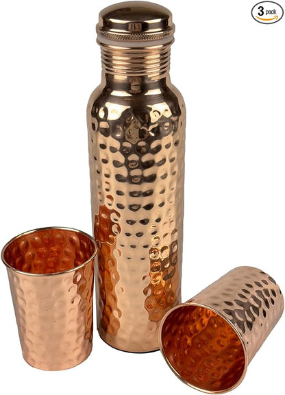 Pure Copper Water Bottle for Drinking with 2 Copper Glass Premium Quality Handcrafted Large Hammered Copper Bottle and Glass Set