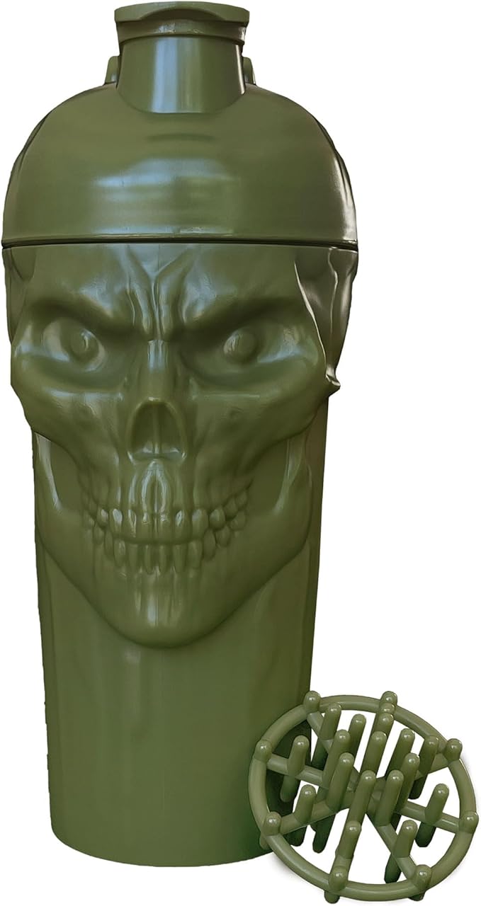 JNX SPORTS The Curse! Skull Shaker Bottle, 24-Ounce, Military Green Limited Edition, Supplement Mixer with Classic Loop Top …
