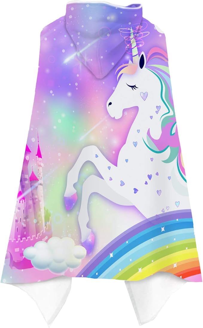 Unicorn Hooded Beach Towel for Kids, Cute Rainbow Bath Towel with Hood for Girls, Pink Magic Castle Microfiber Super Absorbent Soft Poncho Bathrobe for Swin Pool 30”x50”